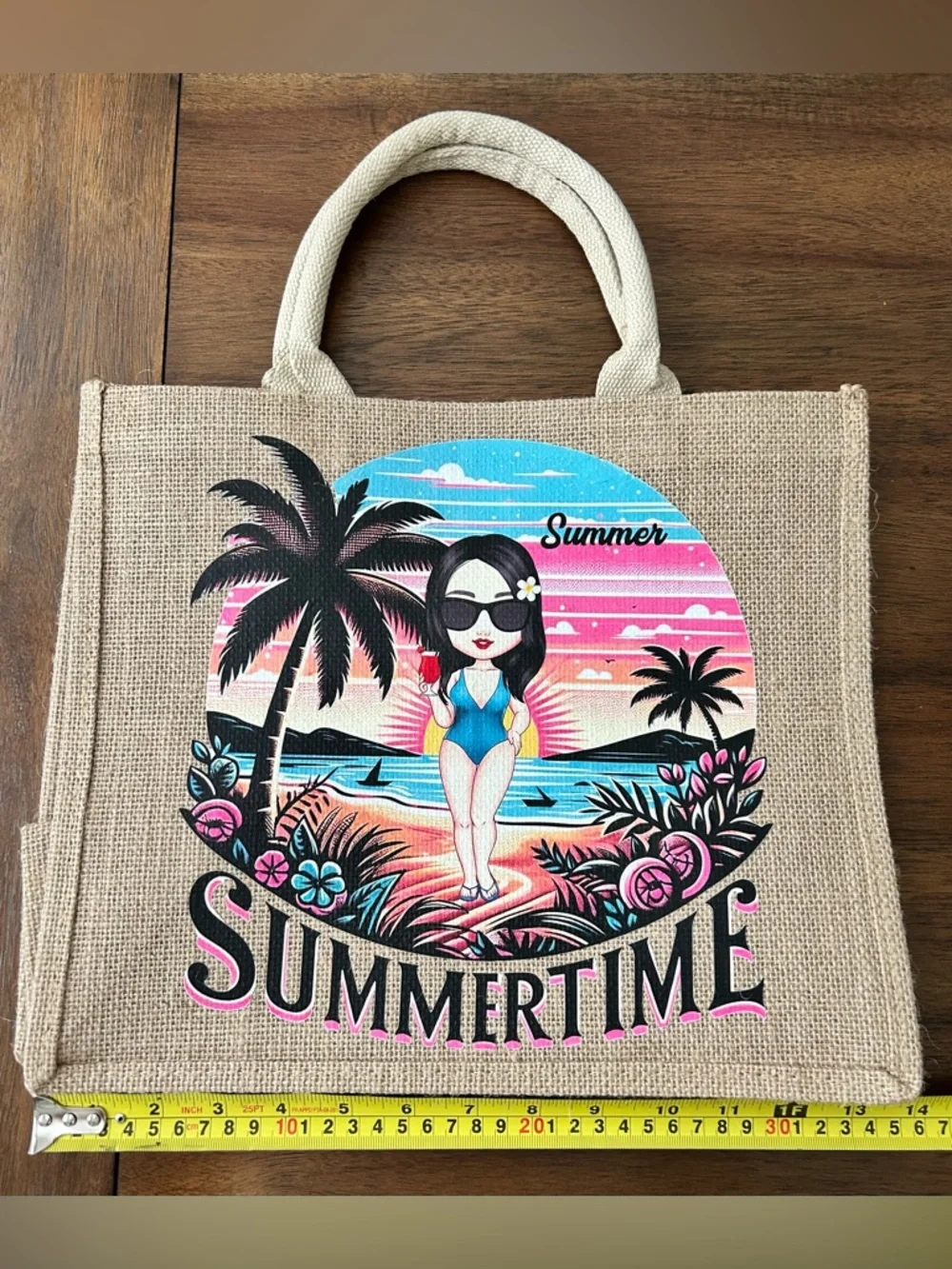 Burlap Summertime Graphic Beach Tote Bag with handles 14 x 12”